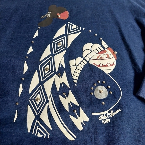 Lida Blue Chambray Top Shirt Southwestern‎ Art Vintage 80s Embelished Size L - Picture 8 of 13